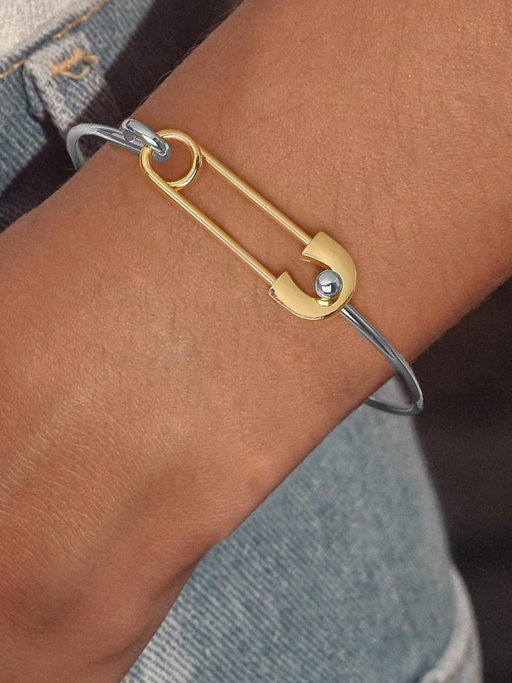 Two Tone Safety Pin Bracelet Minimalist Gold Silver Bangle